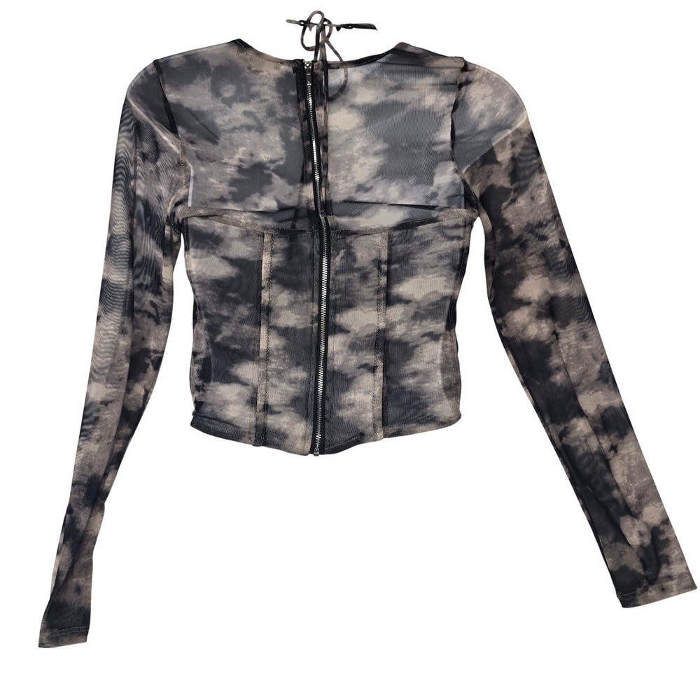 Fashion Nova Grey Tie Dye Mesh Corset Top Long Sleeve Halter XL Goth - Picture 4 of 9
